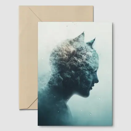 Cat Woman Double Exposure Misty Blue Art