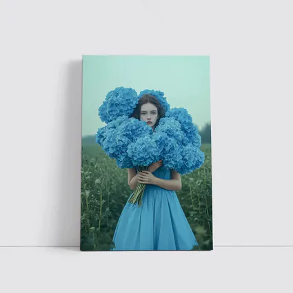 Woman Blue Hydrangeas Misty Field Portrait
