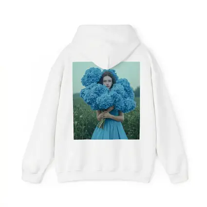 Woman Blue Hydrangeas Misty Field Portrait