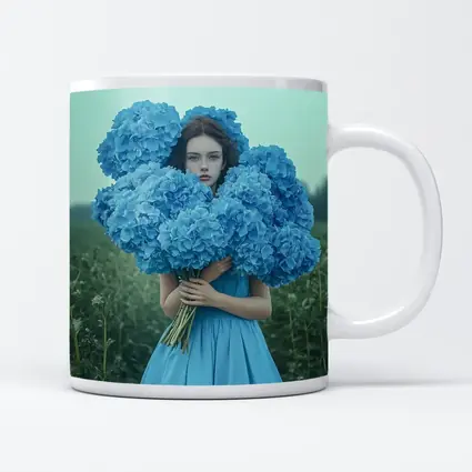 Woman Blue Hydrangeas Misty Field Portrait
