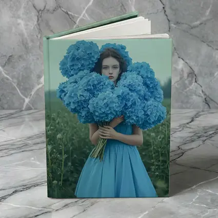 Woman Blue Hydrangeas Misty Field Portrait