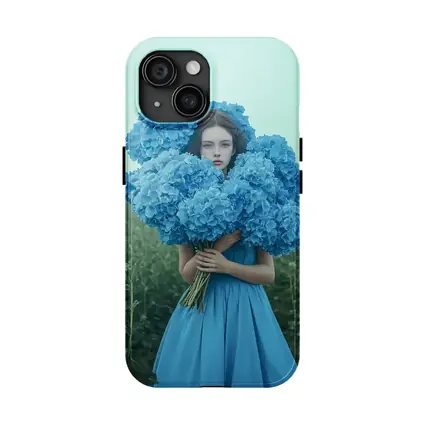 Woman Blue Hydrangeas Misty Field Portrait