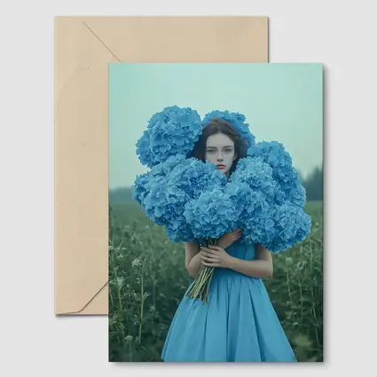 Woman Blue Hydrangeas Misty Field Portrait