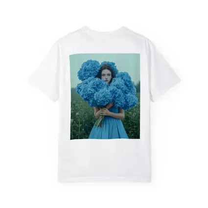 Woman Blue Hydrangeas Misty Field Portrait