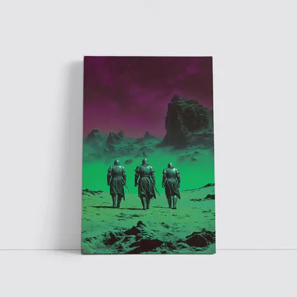 Three Knights Walking Alien Green Purple Landscape