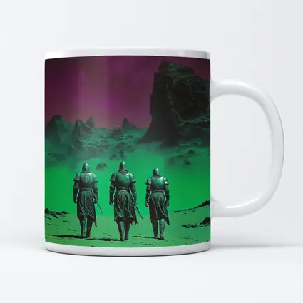 Three Knights Walking Alien Green Purple Landscape