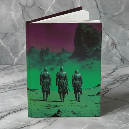 Three Knights Walking Alien Green Purple Landscape