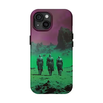 Three Knights Walking Alien Green Purple Landscape