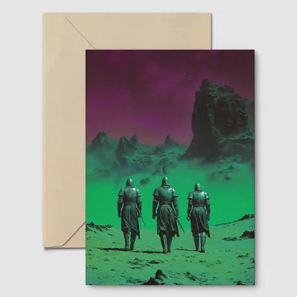Three Knights Walking Alien Green Purple Landscape