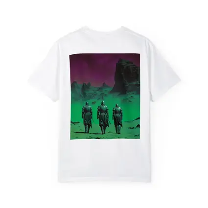 Three Knights Walking Alien Green Purple Landscape