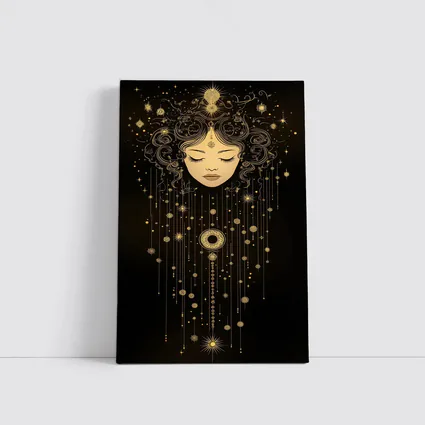 Celestial Woman Gold Stars Black Background
