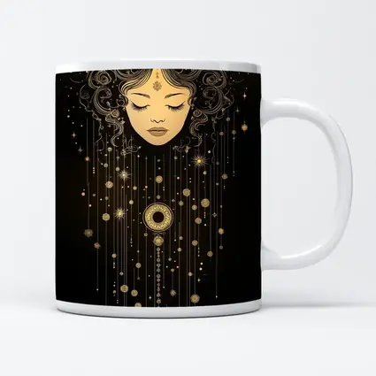 Celestial Woman Gold Stars Black Background
