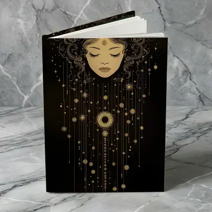 Celestial Woman Gold Stars Black Background