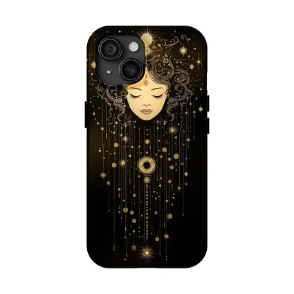 Celestial Woman Gold Stars Black Background