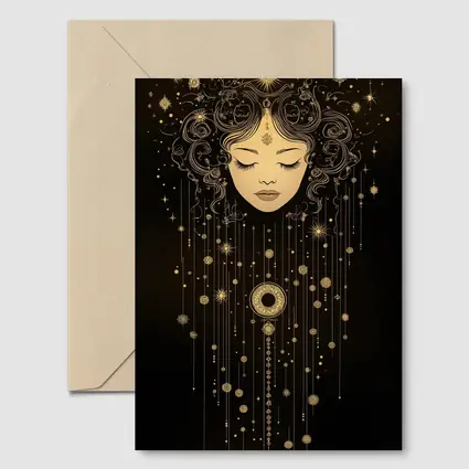 Celestial Woman Gold Stars Black Background