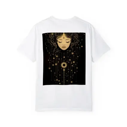 Celestial Woman Gold Stars Black Background