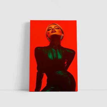 Blonde Woman Green Latex Red Background