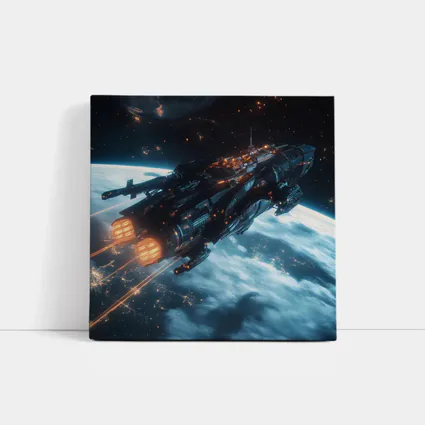 Dark Spaceship Firing Engines Above Earth