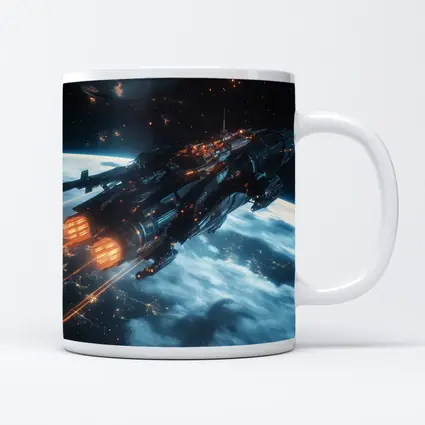 Dark Spaceship Firing Engines Above Earth