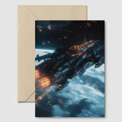 Dark Spaceship Firing Engines Above Earth