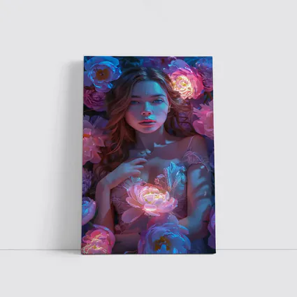 Woman With Glowing Peonies Neon Floral