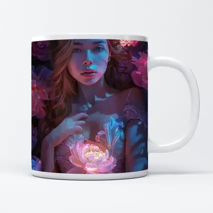 Woman With Glowing Peonies Neon Floral