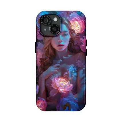 Woman With Glowing Peonies Neon Floral