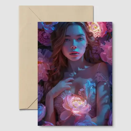 Woman With Glowing Peonies Neon Floral