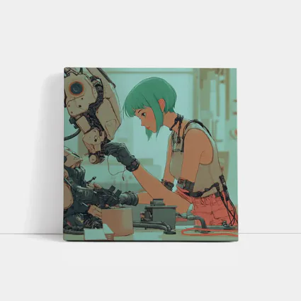 Anime Girl Repairing Robot Cyberpunk Workshop