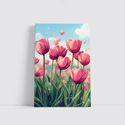 Pink Tulips Field Cartoon Spring Sky