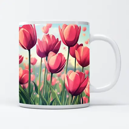 Pink Tulips Field Cartoon Spring Sky