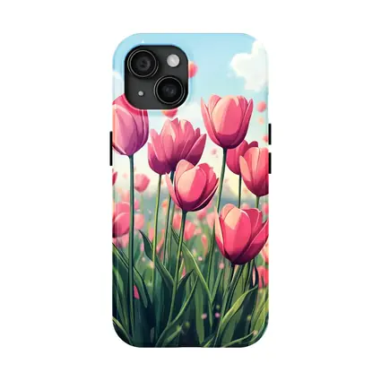 Pink Tulips Field Cartoon Spring Sky