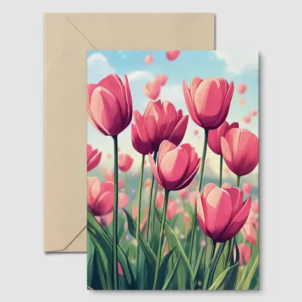 Pink Tulips Field Cartoon Spring Sky