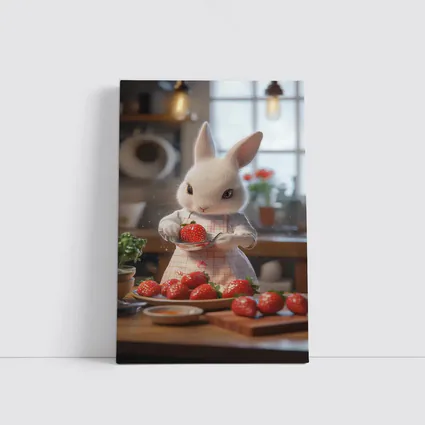 White Bunny Chef Cooking With Strawberries Kitchen