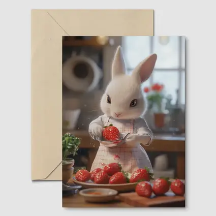 White Bunny Chef Cooking With Strawberries Kitchen
