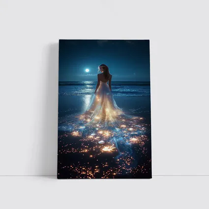 Woman In Glowing Dress On Moonlit Beach