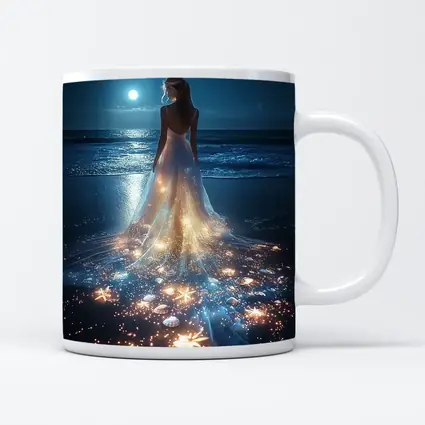 Woman In Glowing Dress On Moonlit Beach