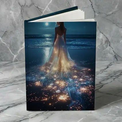 Woman In Glowing Dress On Moonlit Beach