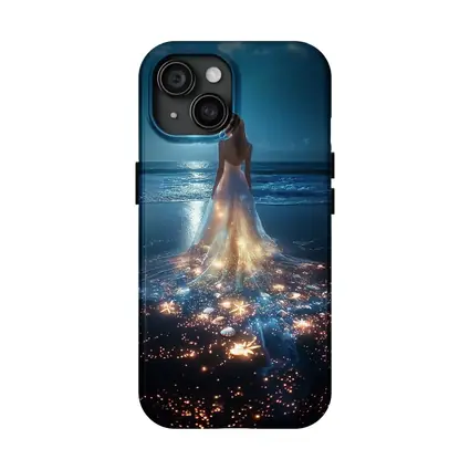 Woman In Glowing Dress On Moonlit Beach