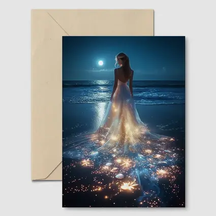 Woman In Glowing Dress On Moonlit Beach