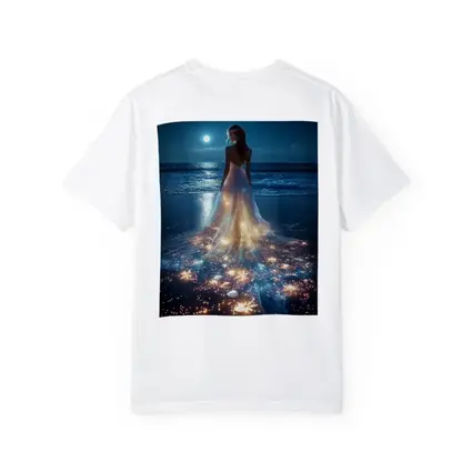 Woman In Glowing Dress On Moonlit Beach
