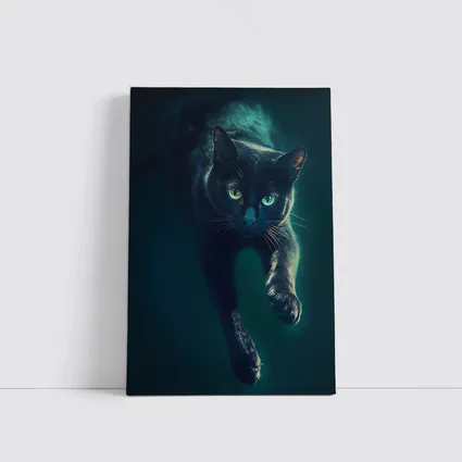 Black Cat Green Eyes Dark Teal Background