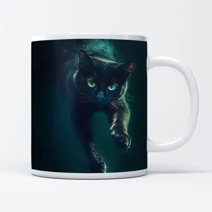 Black Cat Green Eyes Dark Teal Background