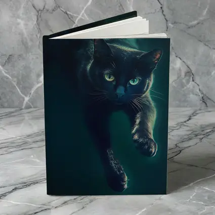 Black Cat Green Eyes Dark Teal Background