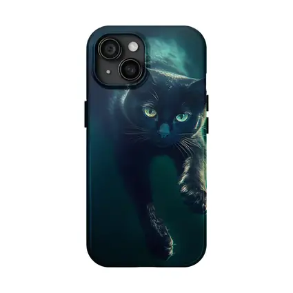 Black Cat Green Eyes Dark Teal Background
