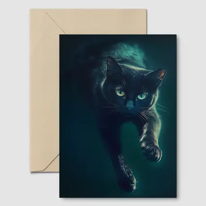 Black Cat Green Eyes Dark Teal Background