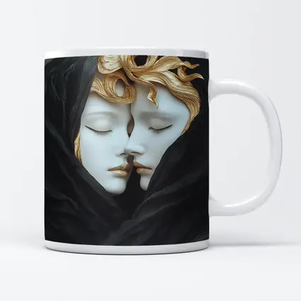 Two White Sculpture Faces Gold Hair