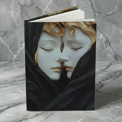 Two White Sculpture Faces Gold Hair