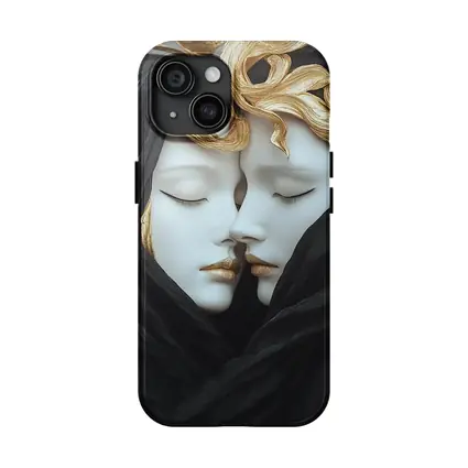 Two White Sculpture Faces Gold Hair