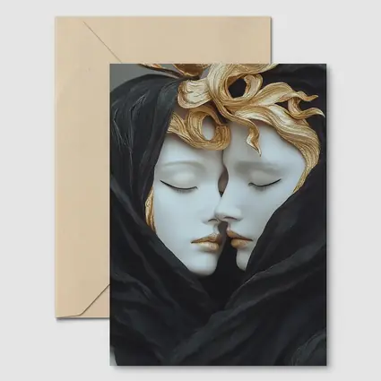 Two White Sculpture Faces Gold Hair